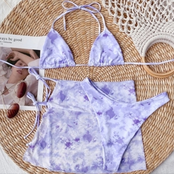 Triangle Tie Dye 3 Piece Bikini Set with Skirt Swimsuit - Picture 3 of 7